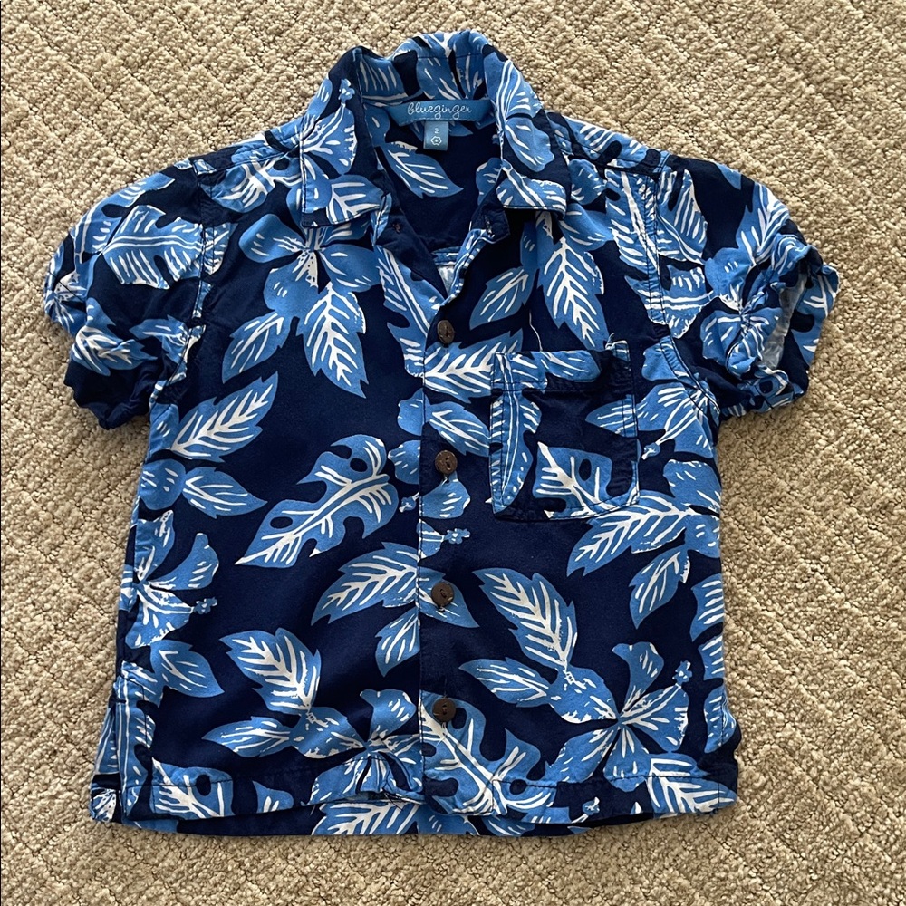 Blue Ginger Boys Hawaiian button down Blue Leaf Print size 2